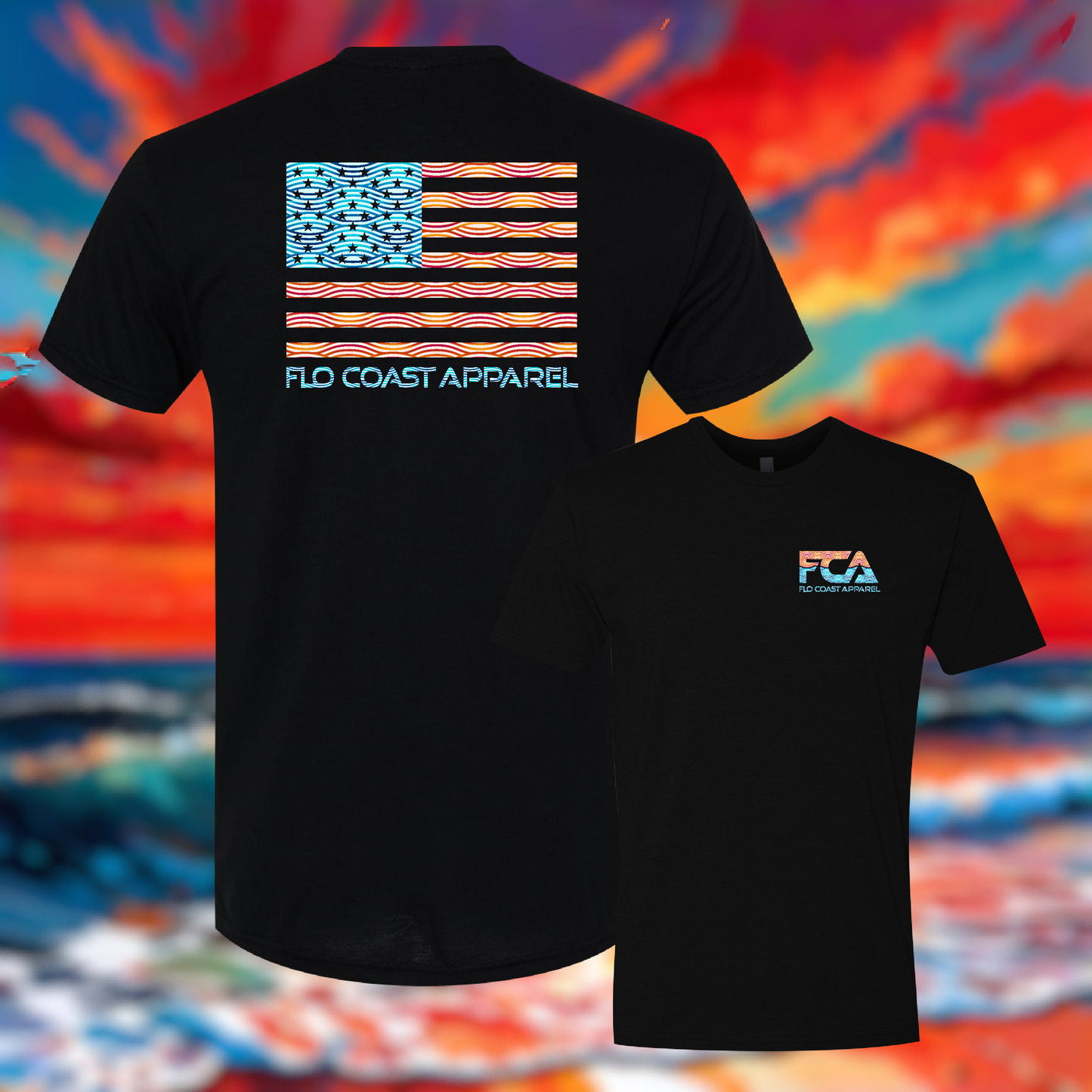 Two black t-shirts shown against a colorful abstract background. The larger shirt shows the back with a stylized American flag graphic in blue, red, and orange, and the text 'FLO COAST APPAREL' below it.