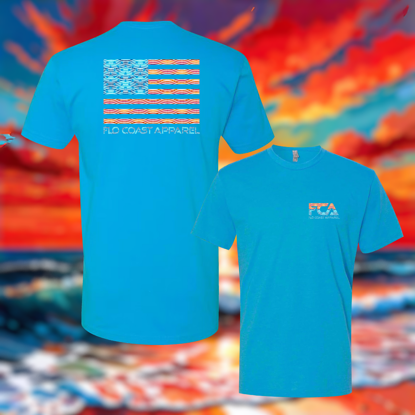 Two bright turquoise blue t-shirts shown against a colorful abstract background. The left shirt shows the back with a large distressed American flag graphic in blue, red, and orange, and the text 'FLO COAST APPAREL' beneath it.