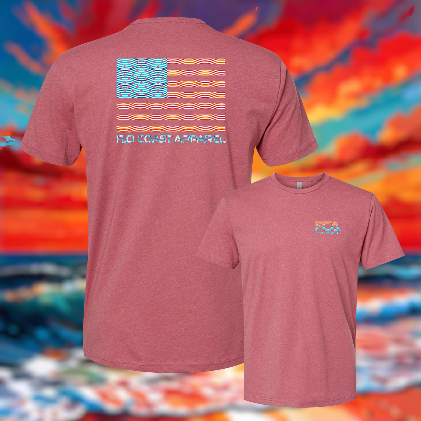 Two heathered pink t-shirts from FLO Coast Apparel shown against a colorful abstract background. The larger shirt shows the back with a stylized American flag made of wavy orange and yellow stripes, with the brand name printed below.