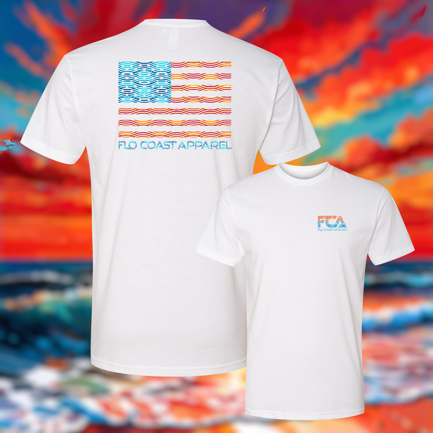 Two white short-sleeve t-shirts shown against a colorful abstract background. The back shirt features a large stylized American flag graphic with wavy stripes and the text 'FLO COAST APPAREL' below it.