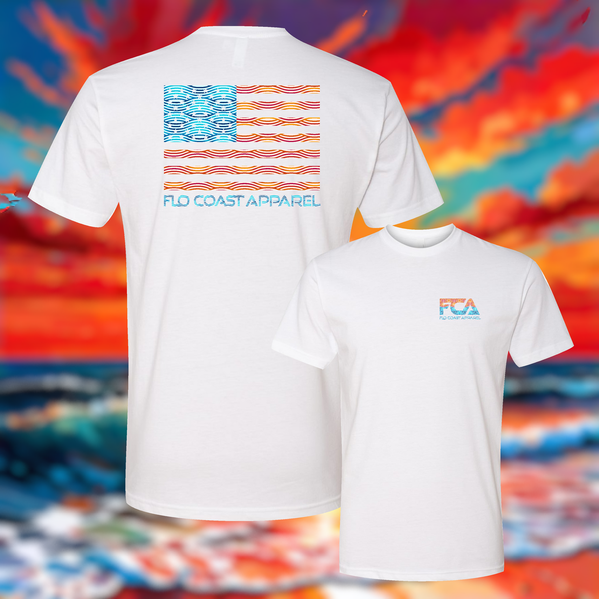 Two white short-sleeve t-shirts shown against a colorful abstract background. The back shirt features a large stylized American flag graphic with wavy stripes and the text 'FLO COAST APPAREL' below it.