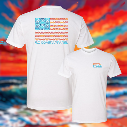 Two white short-sleeve t-shirts shown against a colorful abstract background. The back shirt features a large stylized American flag graphic with wavy stripes and the text 'FLO COAST APPAREL' below it.